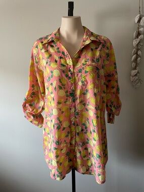 True Destination 100% Cotton Longline Button Down Shirt Tunic Long Lemon Print